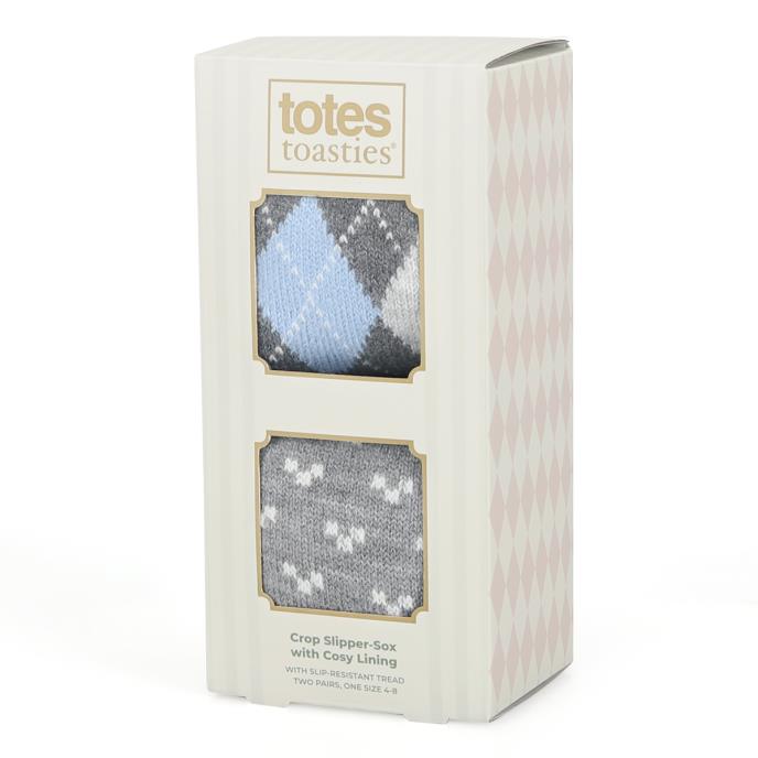 totes toasties® Ladies Cosy Line Low Crop Slipper Socks (Twin Pack) Grey / Blue Extra Image 1